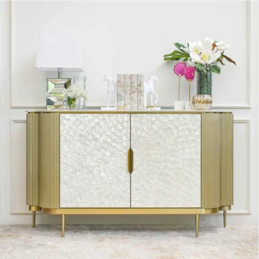 Lemari 2 Pintu Perla Curved Warna Kayu Champagne - Aksen Mother-of-Pearl & Emas